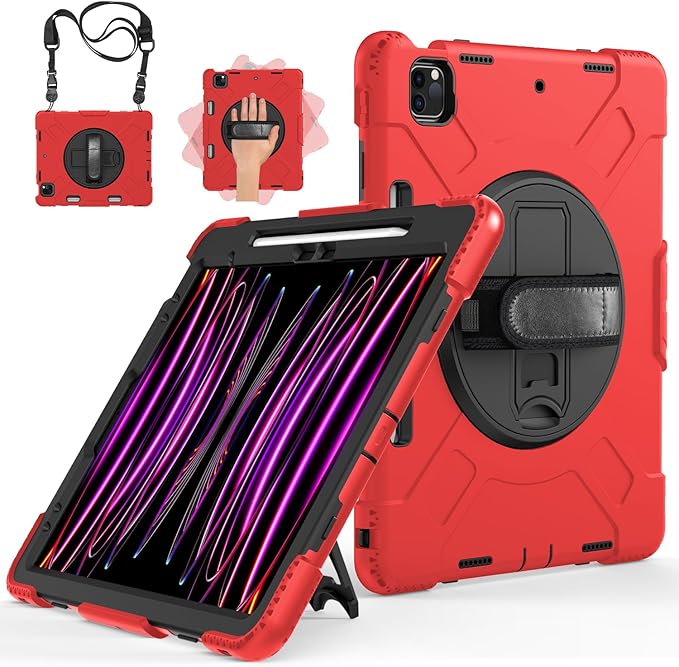 Miesherk Case for iPad Pro 12.9 Inch 6th/5th/4th Generation, Military Grade Heavy Duty Shockproof iPad Pro 12.9 Case - Rotating Stand, Pencil Holder, Hand/Shoulder Strap, Black+Red