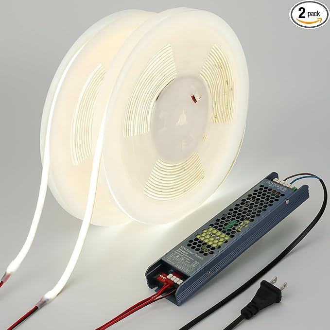 BENLUN 24V Diffused COB LED Strip Light 65.6ft (2 Rolls of 32.8ft), 6000K Cool White Outdoor Milky Silicone Waterproof, 11W/M CRI 93 LED Tape Lights with Power Supply for Bedroom Courtyard