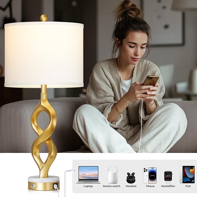 Cinyirong 30" White and Gold Table Lamps Set of 2 for Living Room, Modern Touch Control Bedside Lamps for Bedroom, 3-Way Dimmable Sculptural Resin Nightstand Lamps with USB A+C Ports and 2 LED Bulbs