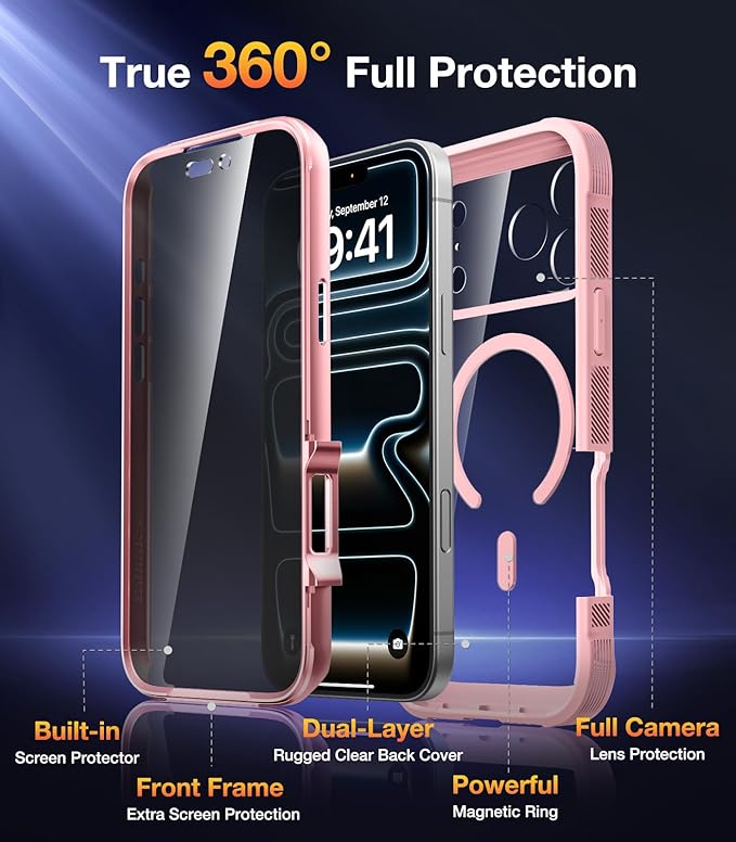 Diaclara Magnetic Designed for iPhone 17 Pro Case 6.3'' [Full Camera Protection] Full Body Bumper,[Compatible with MagSafe] Phone Case w/Built-in Privacy Screen Protector,Pink