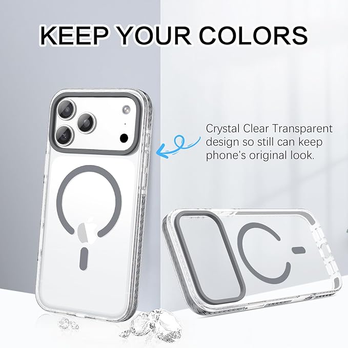 BENTOBEN Magnetic for iPhone 17 Pro Max 6.9" Case, Compatible with Magsafe Military Shockproof Protective Bumper Cute Transparent Slim Anti-Yellowing Phone Case for iPhone 17 Pro Max Cover, Clear Gray