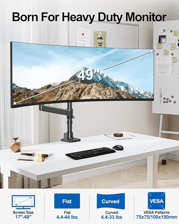 Heavy Duty Single Monitor Mount for Max 49 inch, Hold 7.7 to 44 lbs Ultrawide Screens, Premium Monitor Arm for Samsung Odyssey G9 and More, Adjustable Gas Spring Desk Stand, VESA Mount