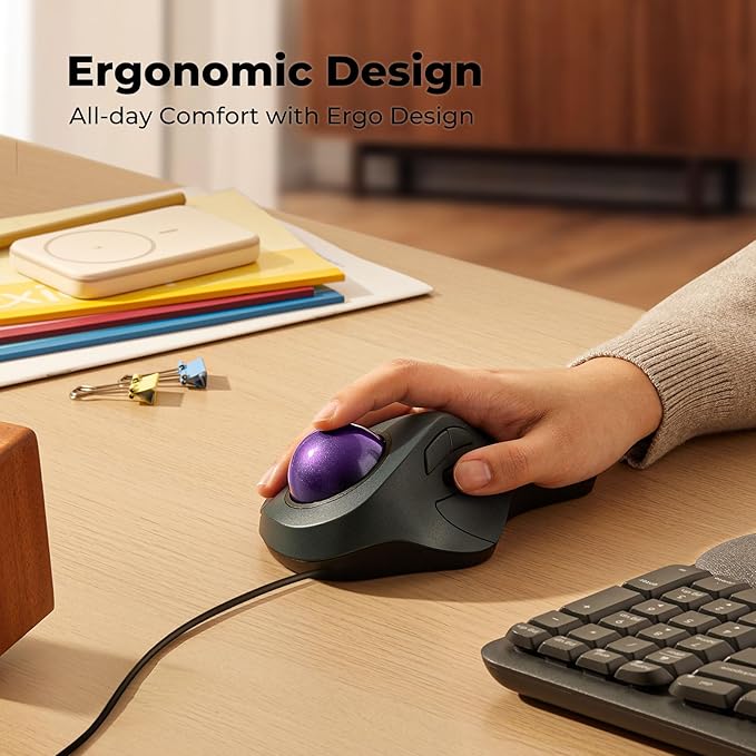 Wired Trackball Mouse for Large Hands, Ergonomic Design Reduces Wrist & Muscle Strain, Precision Tracking with Easy Index Finger Control, Compatible with PC, Laptop, Windows, Mac, Purple