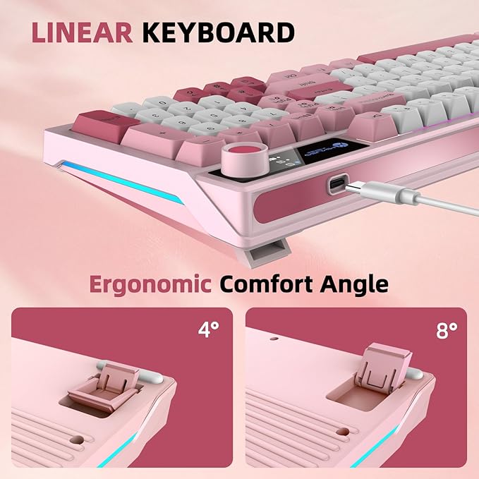 98-Key Wired Keyboard, RGB Backlit Gaming Keyboard with Volume Knob & Side Light Bar, 8 Lighting Modes & 7 Color Changes, Plug and Play USB Keyboard for PC/Mac,Laptop Pink