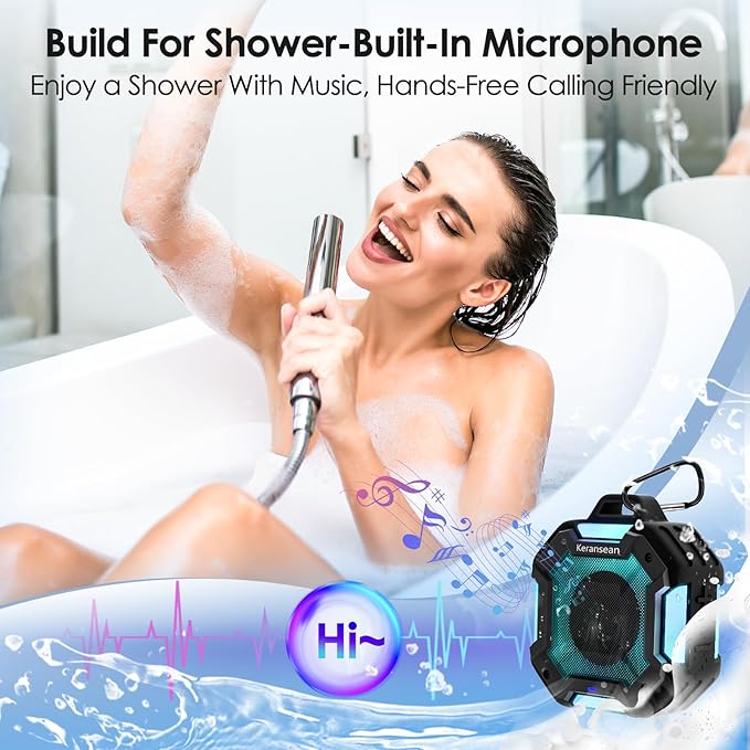 Shower Speaker Bluetooth 5.4, IPX7 Waterproof Portable Bluetooth Speakers with LED Lights, 24H Playtime, TWS Pairing for Dual Stereo Sound, Detachable carabiner for Outdoor Pool Beach Gift -Black