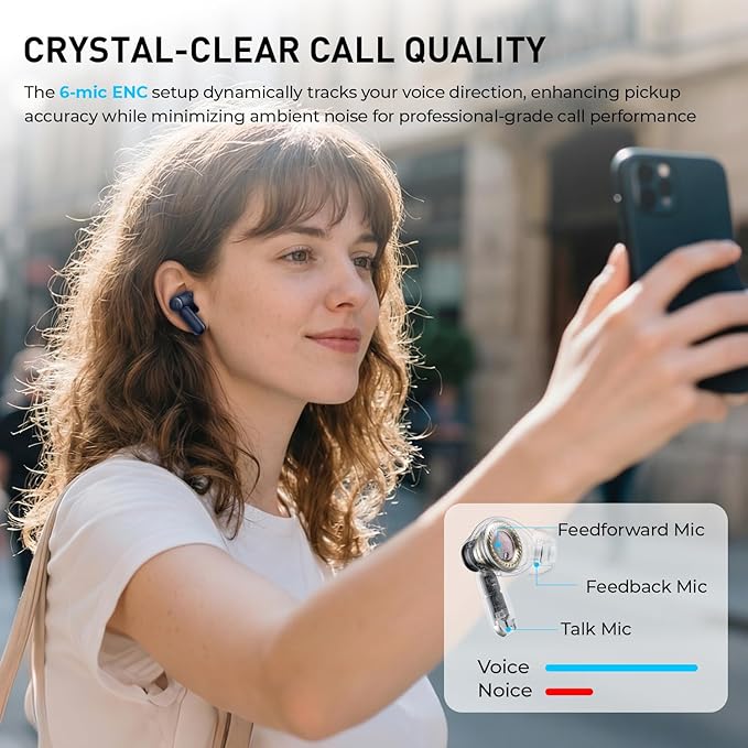 havit Hybrid Active Noise Cancelling Wireless Earbuds, Bluetooth 6.0 in-Ear Headphones, 6 Mics ENC Clear Call Ear Buds, 30+H Playtime, 3D Spatial Audio, Custom EQ via App, IPX5 Waterproof Blue