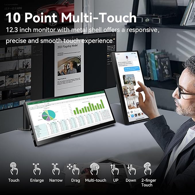 12.3 Portable Touchscreen Monitor,1920*720 IPS Mini Touch Screen,Travel Display with Foldablestand & Speaker, HDMI USBC CNC External Monitor for Laptop Phone Aida64 GPU CPU RAM Monitoring, VESA
