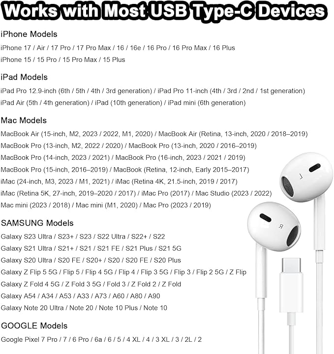 USB C Headphones for iPhone 17 16 15, Type C Earphones with Mic & Remote Control Noise Cancelling, Wired Ear Buds USB-C HiFi Bass Earphones for iPhone 17/16/15 Pro Max, for iPad Pro, Most USB C Jack