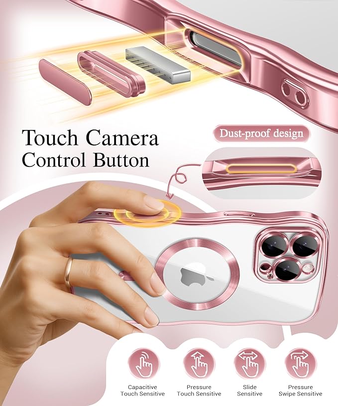 GVIEWIN for iPhone 16 Pro Max Case Compatible with MagSafe, Upgraded [Full Camera Protection][Cute Wave Frame][Military Grade Protection] Electroplated Soft Phone Cover for Women Girl, Clear/Pink