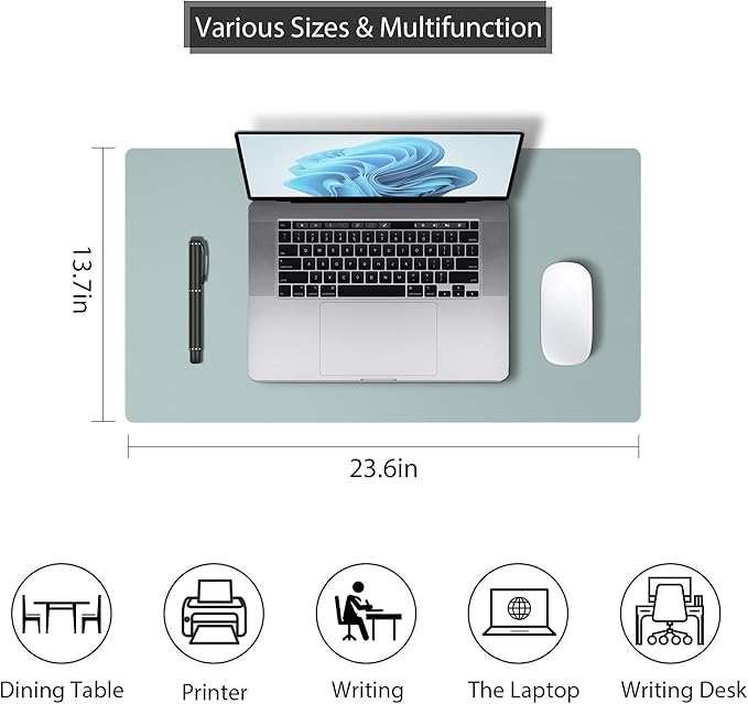 Mouse Pad Desk Protector Mat, Large PU Leather Office Desk Mat, Non-Slip Desk Pad for Keyboard and Mouse, Waterproof Desk Blotter Pad for Writing, Smooth Laptop Desk Pads, Light Teal (13.7''X23.6'')