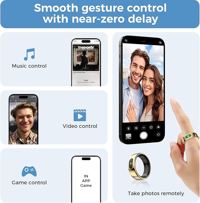 Smart Ring with Instant Notification Alerts & Gesture Control - Sleep Tracker Ring, Fitness Ring for Steps & Heart Rate, IP68 Waterproof (Gold, 9)