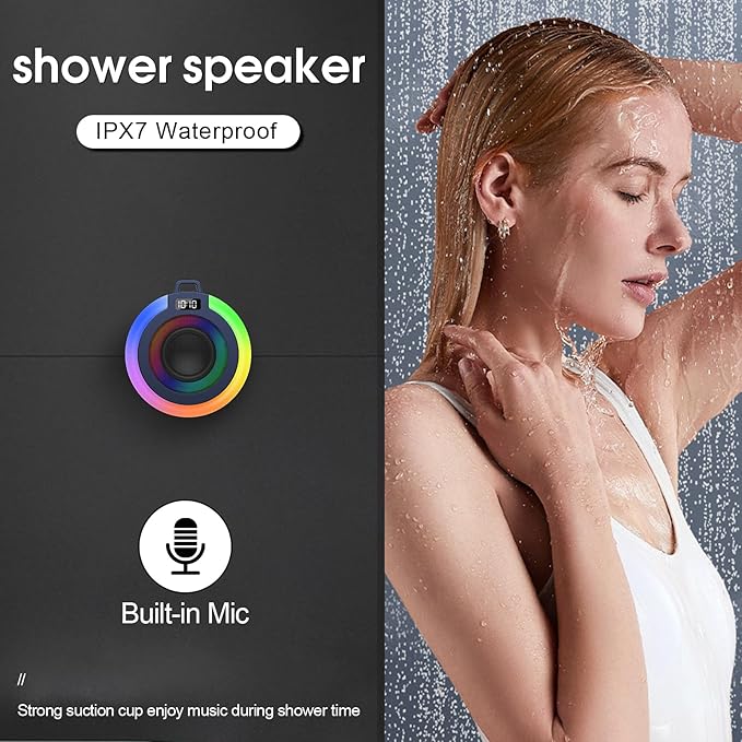 Bluetooth Shower Speaker, Portable Bluetooth Speaker Stereo Sound with Suction Cup/Lanyard, Built-in Mic, IPX7 Waterproof Wireless Speakers Bluetooth 5.4 for Bathroom/Party/Beach/Gift, Blue