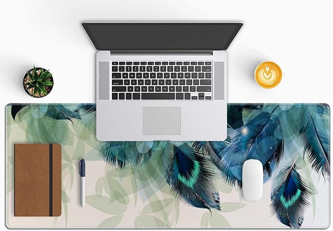 Large Gaming Mouse Pad with Stitched Edges, Desk Pad Extended Keyboard Mat, Non-Slip Rubber Base Mousepads for Laptop, Office, Home, 31.5X11.8 inch Watercolor Peacock Feather