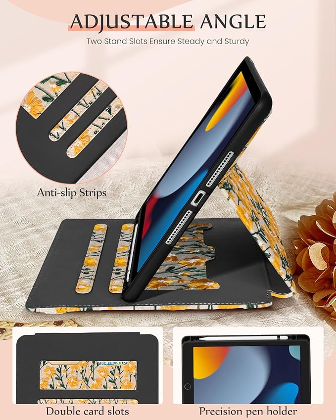 Uppuppy for iPad 9th/8th/7th Generation Case 10.2'' - for Women Girls Cute Embroidered Folio Stand Cover with Pencil Holder & Card Slot Girly Yellow Daisy Design Aesthetic Cases for iPad 7th/8th/9th
