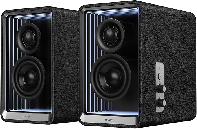 Edifier QR65 Desktop Active Monitor with 2.75" Long-Throw Aluminum Diaphragm mid-Low Drivers, Hi-Res Audio, Brilliant Light Effects, 70W Output Power Bluetooth Speakers with Stands - Black