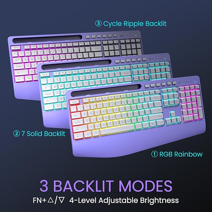 Wireless Keyboard and Mouse Combo- VEILZOR 2.4G Rechargeable Keyboard with Phone Holder, Ergonomic Wrist Rest, 9 RGB Backlit Effects, Silent Keyboard Mouse Set for Windows, Laptop, PC