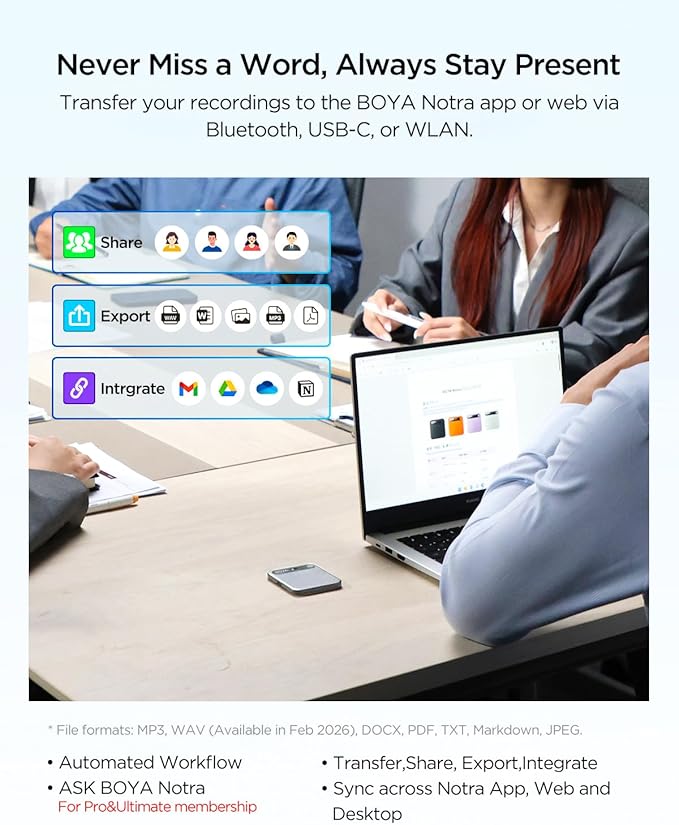 BOYA Notra AI Voice Recorder,3-Mode Capture -Ambient/Phone Call/Bluetooth, AI Transcription&Smart Summary, Support 140+ Languages, 64GB Storage, Magnetic Note Taker for Meetings,Lectures,Interviews