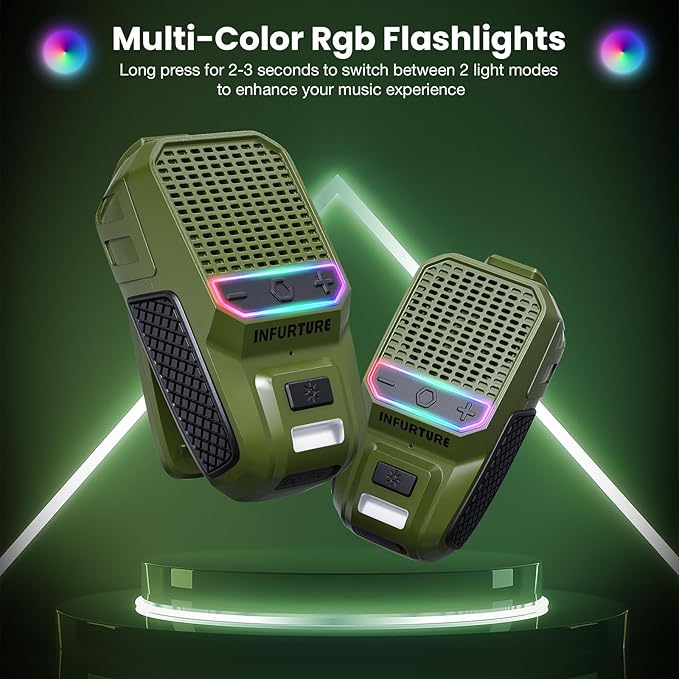 INFURTURE Wearable Bluetooth Speaker with RGB/Flashlight Clip On Speaker,Waterproof Shower Speake-Built-in Noise Reduction Mic for Hands-Free Music/Calls-for Work/Riding/Golf/Outdoor(Green)