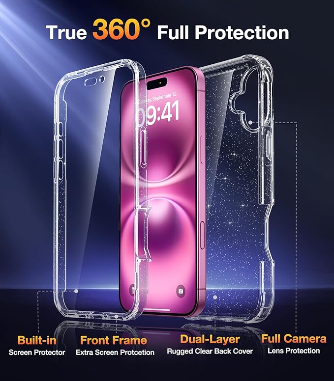 Diaclara Designed for iPhone 16 Plus Case 6.7 Inch,Upgraded [Full Camera Protection] Full Body Case w/Built-in Screen Protector for 16Plus,Clear Glitter