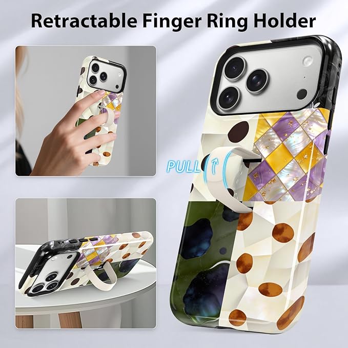 KANGHAR Compatible with iPhone 17 Pro Case, Support for MagSafe, Silicone Checkered Spot Cute Pattern, Finger Hold Wristband Kickstand Camera Protection Soft Slim Phone Case for Girls Women -Colorful