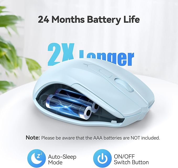 TECKNET Wireless Mouse, 2.4G Ergonomic Optical Mouse, Computer Mouse for Laptop, PC, Computer, Chromebook, Notebook, 6 Buttons, 24 Months Battery Life, 2600 DPI, 5 Adjustment Levels - Lightblue