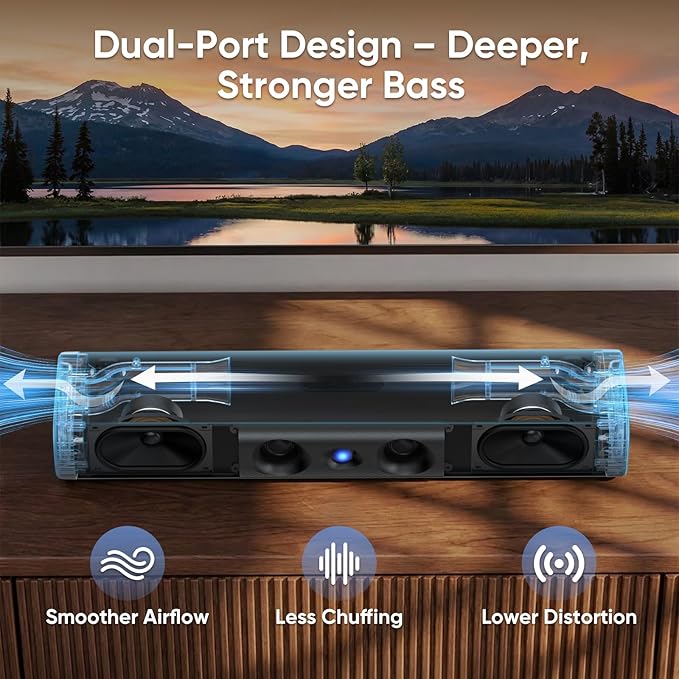 Saiyin Sound Bar with Enhanced Bass–Dual Larger Woofer & Dual Bass Ports, Sound Bar for Smart TV with 90W Peak Power, 17.1-inch Soundbar with Bluetooth5.3/TV-ARC/Optical/AUX Input