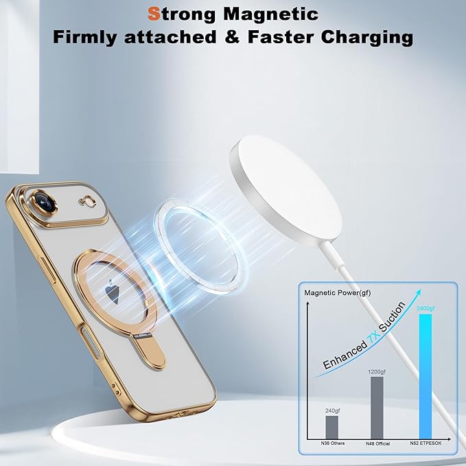 Compatible with iPhone 17 Air Case with Invisible Magnetic Ring Stand [Compatible with Mag-Safe] [Full Camera Lens Protector] Plating Clear Phone Case for iPhone 17 Air 6.5", Gold