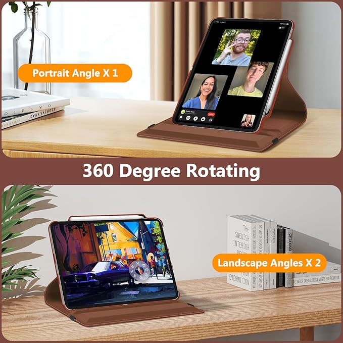 Fintie Rotating Case for iPad Pro 13-inch (M5) 2025 / (M4) 2024 with Pencil Holder - 360 Degree Swiveling Protective Stand Cover with Auto Wake/Sleep, Brown