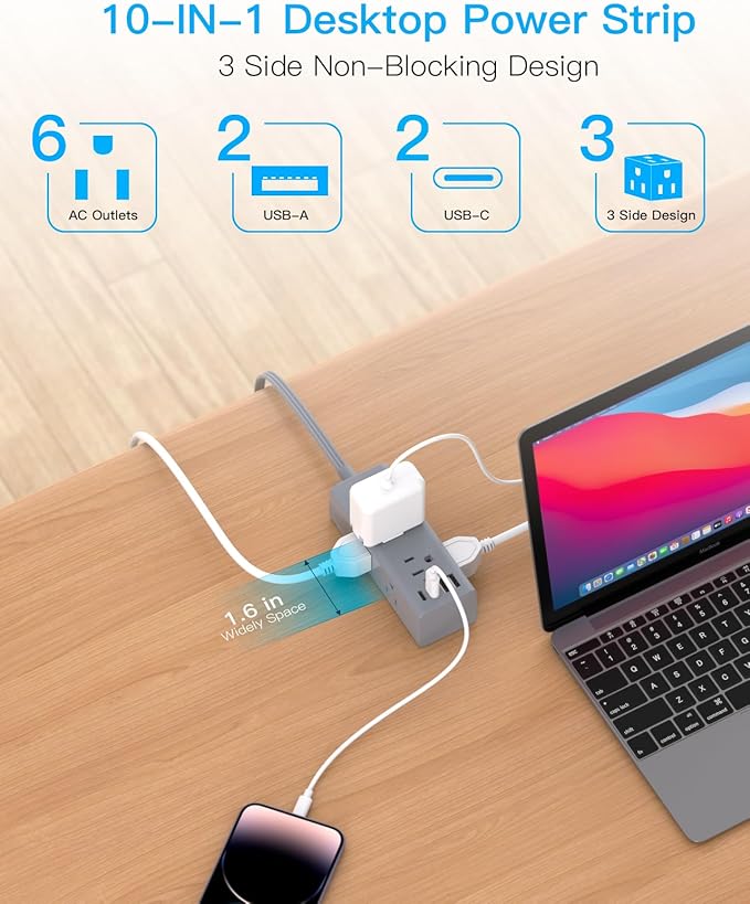 3Ft Extension Cord with Multiple Outlets, Flat Plug Power Strip Surge Protector with 3 Ft Cord, 6 Outlet 4 USB Ports (2 USB C), Multi Outlet Wall Plug for Travel, College, Dorm Room Essentials(Grey)