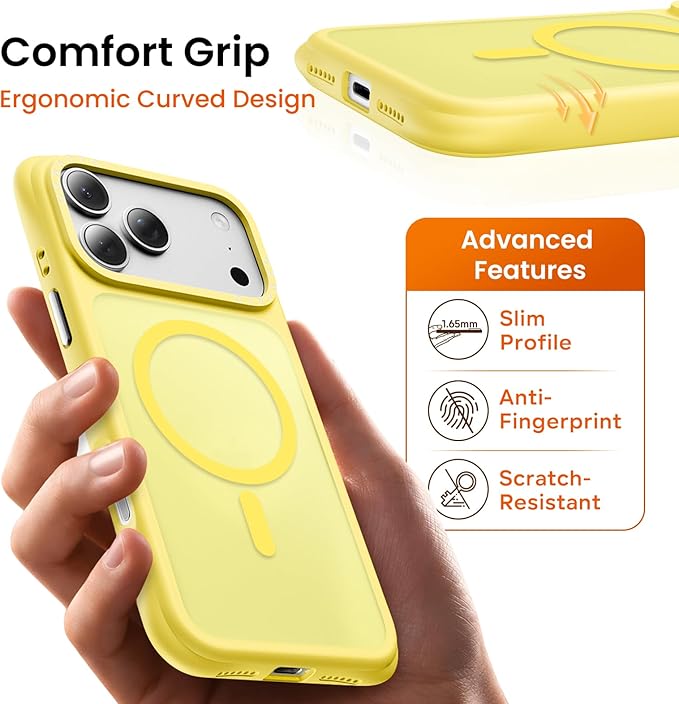 ORNARTO Magnetic for iPhone 17 Pro Max Case, 20FT Military-Grade Drop Protection, Compatible with MagSafe, Slim Shockproof Translucent Matte Phone Case for iPhone 17 Pro Max 6.9", Light Yellow