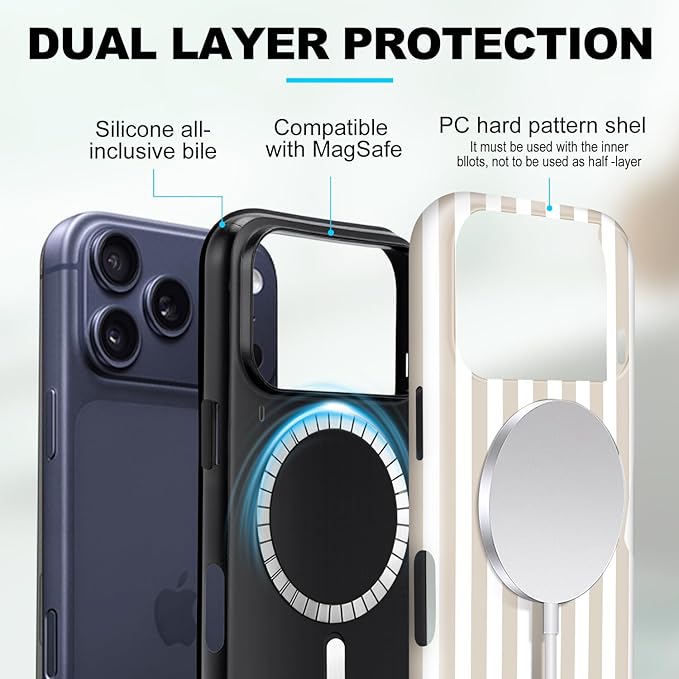 Magnetic for iPhone 17 Pro Case Cute Stripes Phone Case, Shockproof Slim TPU and Hard PC Protective Phone Cover Compatible with MagSafe Designed for Women Girls, Apricot