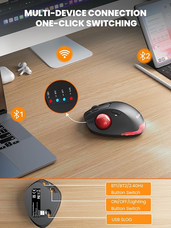 MAM1 Pro Wireless Trackball Mouse, Ergonomic Bluetooth Rechargeable Computer Mouse, Backlit Rollerball Thumb mice with 5 Level DPI, Adjustable Angle, 3 Devices Connection for PC, Windows - Red Ball
