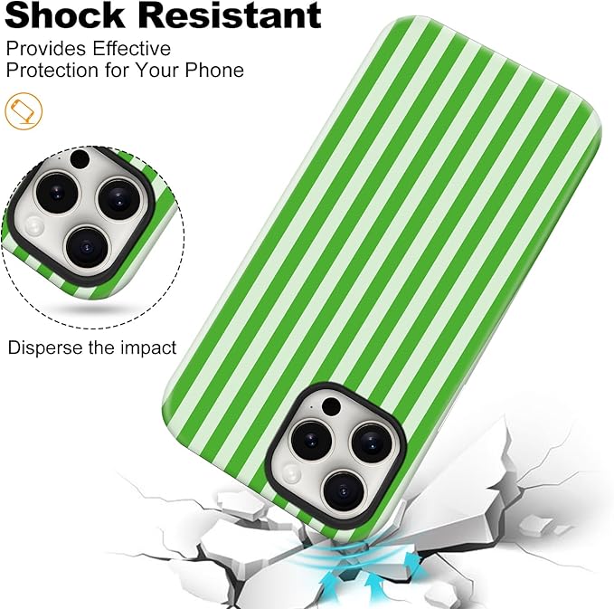 Magnetic for iPhone 15 Pro Max Case Cute Stripes Phone Case, Shockproof Slim TPU and Hard PC Protective Phone Cover Compatible with MagSafe Designed for Women Girls, Deep Green
