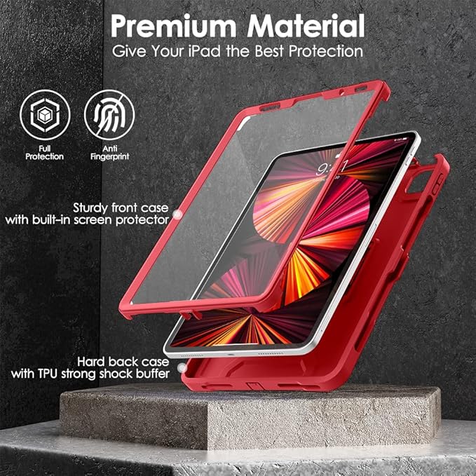 DTTO for iPad Pro 11 inch Case 2022(4th Gen)/2021(3rd Gen), [Screen Protector] Dual Layer Full Body Protection Cover with Pencil Holder, Also Fit iPad Pro 11'' 2020&2018/iPad Air 5/Air 4 - Red