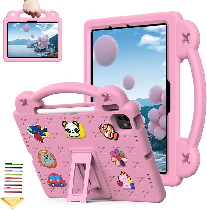 for Apple iPad Air 11 inch Kids Case M3/M2 (2025/2024) Slim Folding Stand Cover with Pencil Holder/Handle/Kickstand Cute DIY Lightweight Cute Soft EVA Foam Shockproof Tablet Cover, Pink Bear