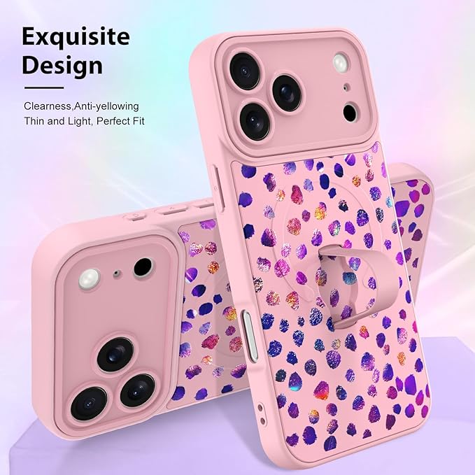 KANGHAR Compatible with iPhone 17 Pro Max Case, Support for MagSafe, Silicone Cute Iridescent Pattern Leopard Print Cheetah, Wristband Kickstand Shockproof Soft Slim Cover for Girls Women, Pink