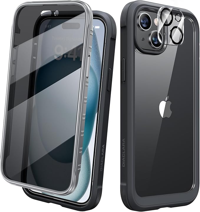 Diaclara Designed for iPhone 15 Plus Case 6.7 Inch,Upgraded Full Body Rugged Clear Bumper Case with Built-in Privacy Screen Protector for iPhone 15 Plus,Black