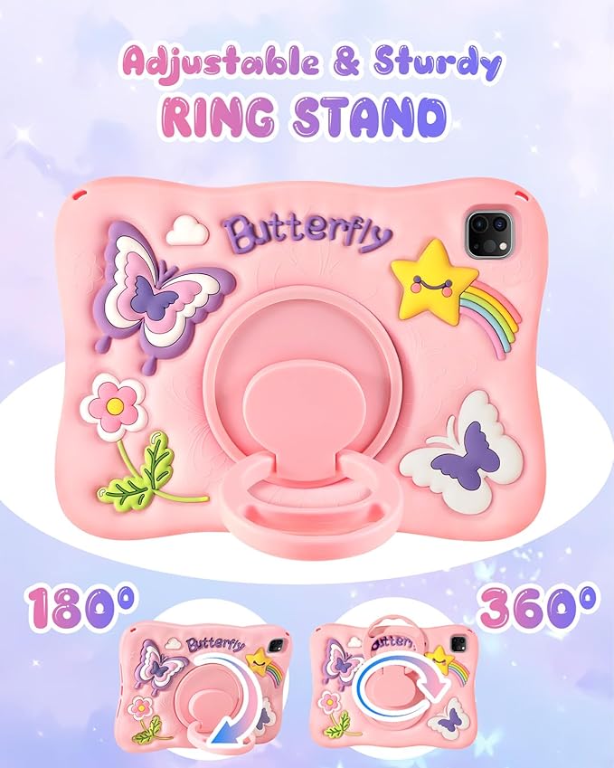 Kidcube for iPad Air 11 Inch Case M3 2025 & M2 2024, Pro 11'' 4th/3rd/2nd/1st, Air 5th/4th Generation Case - Girls Cute Girly Kawaii 3D Butterfly Design with Rotating Stand & Strap Silicone Teen Cover