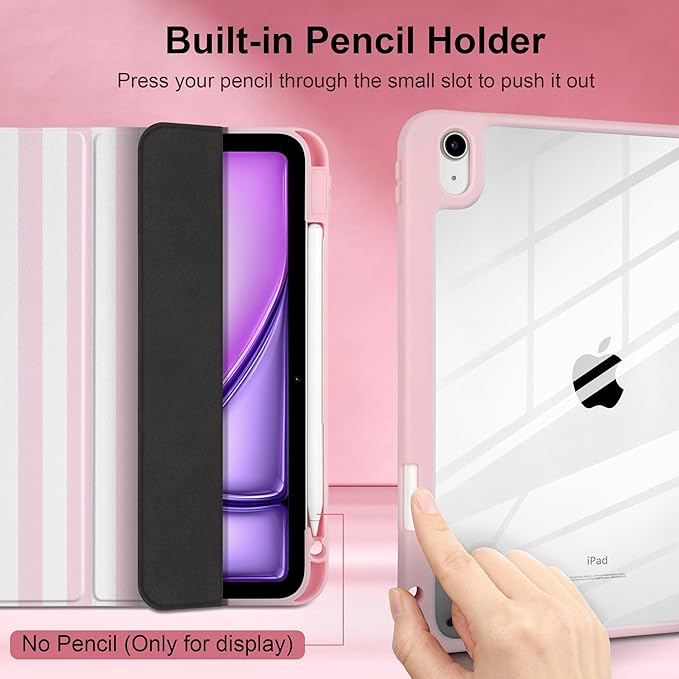 Case for iPad Air 13 inch 2026 M4 2025 M3 2024 M2 Release with Pencil Holder - Cute Pink White Striped Trifold Cover with Clear Back Auto Sleep, Aesthetic Soft Protective Skin for Girls Women