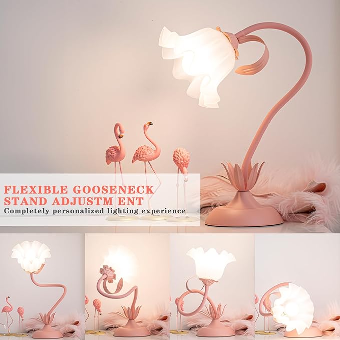 WERFOP Flower Table Lamp, LED Reading Light Vintage Bedside Table Lamp with 3 Color Modes for Nightstand, Kawaii Decoration for Home Bedroom Living Room (Pink)