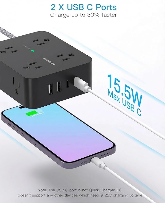 HANYCONY Extension Cord 20 Ft, Power Strip Surge Protector with 8 Outlets 4 USB Ports(2 USB C), Long Cord, Flat Plug, Wall Mount, Desk USB Charging Station for Home Office Essentials