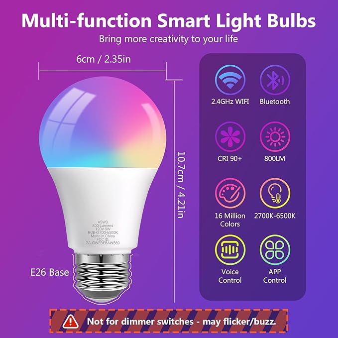DAYBETTER Smart Light Bulbs, RGBCW Color Changing Smart Bulb Compatible with Alexa & Google Home,Preset Scene, Music Sync, A19 E26 2.4G WiFi Bluetooth Dimmable LED Bulbs, 60W Equivalent, 800LM, 4 Pack