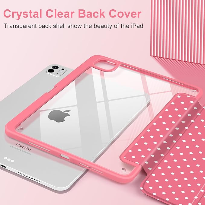 Case for iPad Pro 11 Inch (M5 2025 M4 2024) – [Built-in Pencil Holder], Shockproof & Stylish, Clear Hard Back + Soft TPU Edge, Magnetic Trifold Stand, Auto Wake/Sleep, Rose red White dot