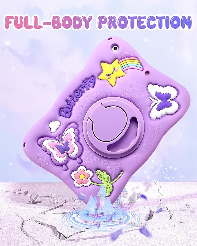 Kidcube for iPad 9th/8th/7th Generation Case 10.2 Inch - for Girls Cute Kawaii Girly 3D Purple Butterfly Design Cover with Rotating Stand & Strap Unique Silicone Women Teens for iPad 9th/8th/7th Case