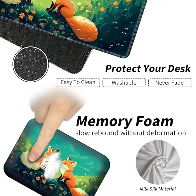 Wrist Elbow Support Arm Rest Desk Mouse Pad Set,Large Mouse Pad + 2 Elbow Rest Pad + Coaster,(31.5×11.8 in) Ergonomic Memory Foam for Office,Gaming,Computer,Laptop-Cute Fox