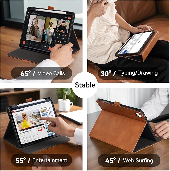 Handmade Case for iPad Pro 13 Inch (M5/M4) 2025/2024 with Pencil Holder Pocket, Magnetic Closure, Auto Sleep/Wake, Vegan Leather Folio Protective Cover, Multi Angles Stand, Brown