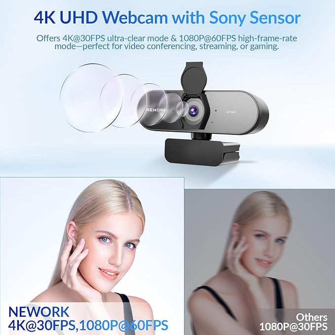 4K Webcam for PC with PDAF & CDAF Dual-autofocus, Ultra 4K HD, 2 Noise Reduction Mics, Auto Light Correction, Privacy Cover & Tripod, 79°FOV, Streaming Camera for PC, Mac, Laptop, Video Calls
