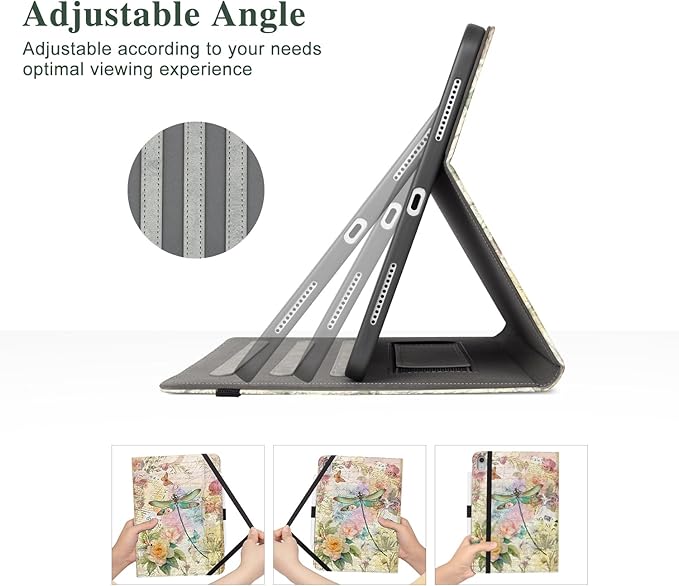 Vimorco Case for iPad (A16) 11th Generation 2025, for iPad 11th/10th Generation Case, Pencil Holder with Hand Strap & Pocket, Multi-Angle Viewing PU Leather Cover, Auto Wake/Sleep, Dragonfly Flower