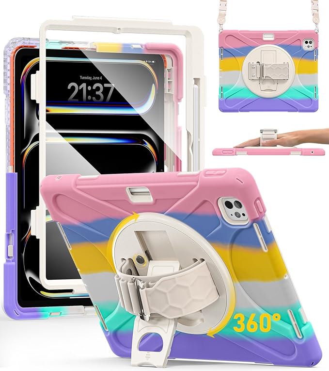 BRAECN for iPad Pro 13 inch Case M5 2025 & M4 2024 Heavy Duty Shockproof Protective with Pencil Holder Screen Protector 360°Rotating Stand Handle & Shoulder Strap Full Body Cover Kids Friendly