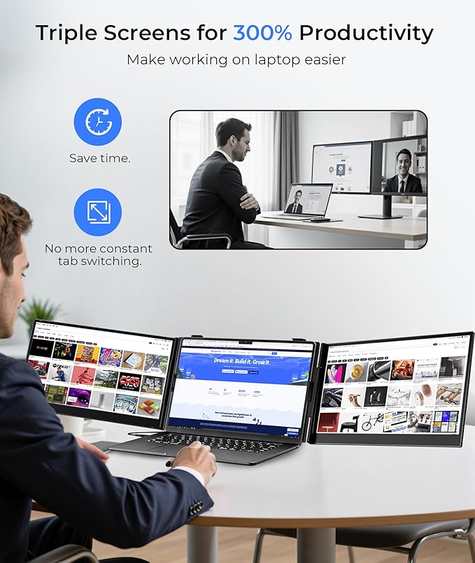 Laptop Screen Extender Ultra Thin, 14" FHD 1080P Triple Portable Monitor for Laptops 13-17.3", 2.2 LB Lightweight Laptop Monitor Extender with USB-C/HDMI Port, Plug-Play for Mac/Windows/PS5/Android